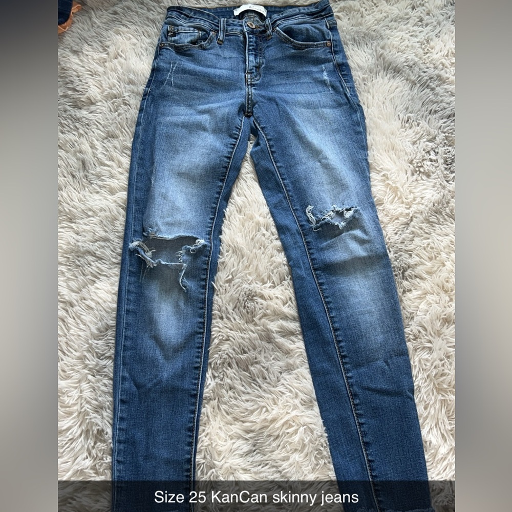 Kancan skinny jeans with rips in the knees, dark/light wash, size 25